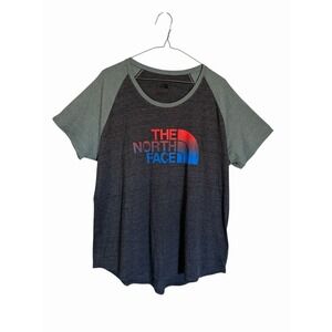 The North Face Womens XL Raglan T Shirt Gray Blue Red Logo Outdoor Casual